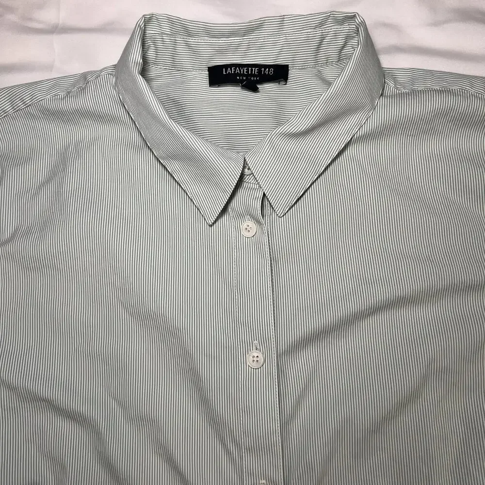 Lafayette 148 New York Shirt Womens Size 14 Green Stripe Button Front Top Blouse - Picture 4 of 14